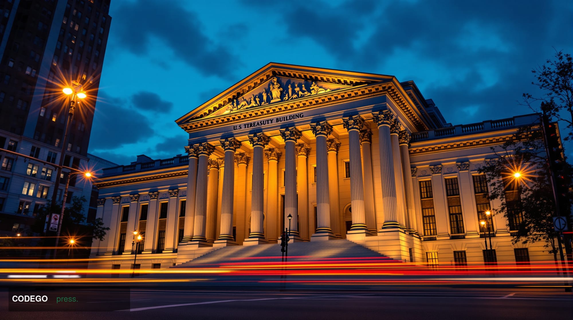 A photorealistic editorial photograph of the imposing US Treasury Building facade in Washington DC, captured during golden ho