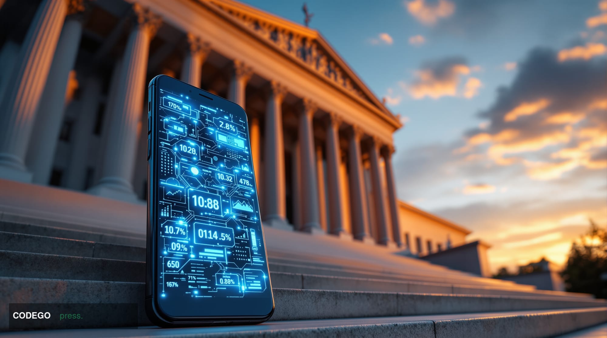 A dramatic photorealistic editorial photograph showing the imposing facade of the US Treasury Department building in Washingt