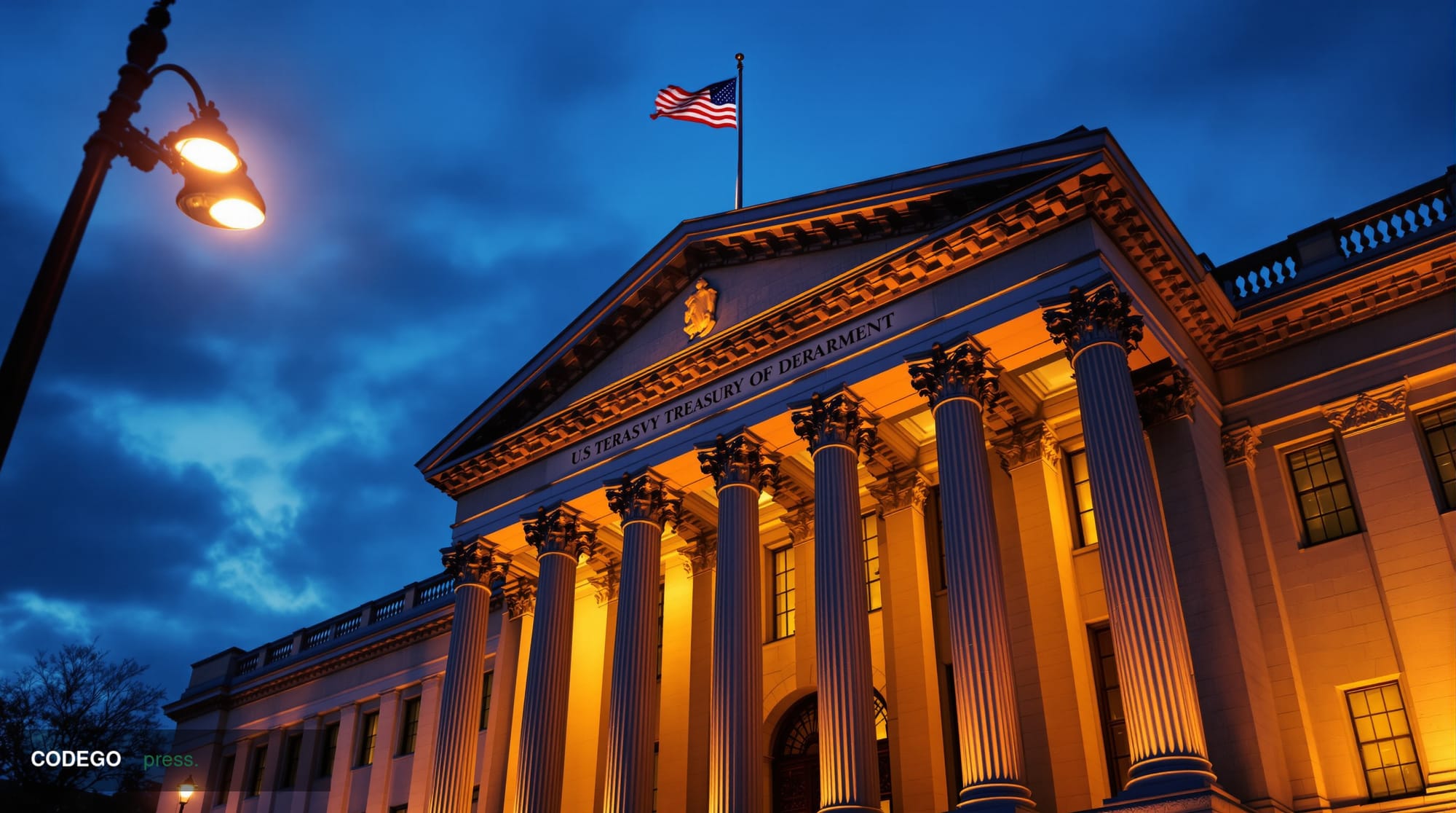 A photorealistic editorial photograph showing the imposing neoclassical facade of the US Treasury Department building in Wash