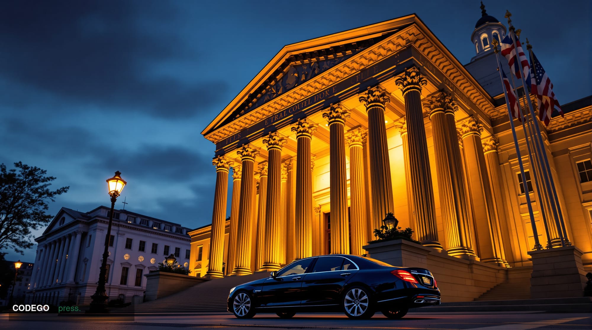 A dramatic photorealistic editorial photograph showing the imposing facade of the US Treasury Department building in Washingt