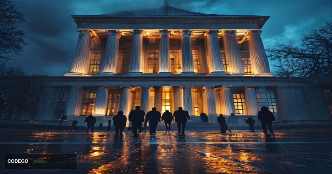 A dramatic cinematic photograph of the imposing US Treasury Building in Washington DC at dusk, shot from a low angle to empha