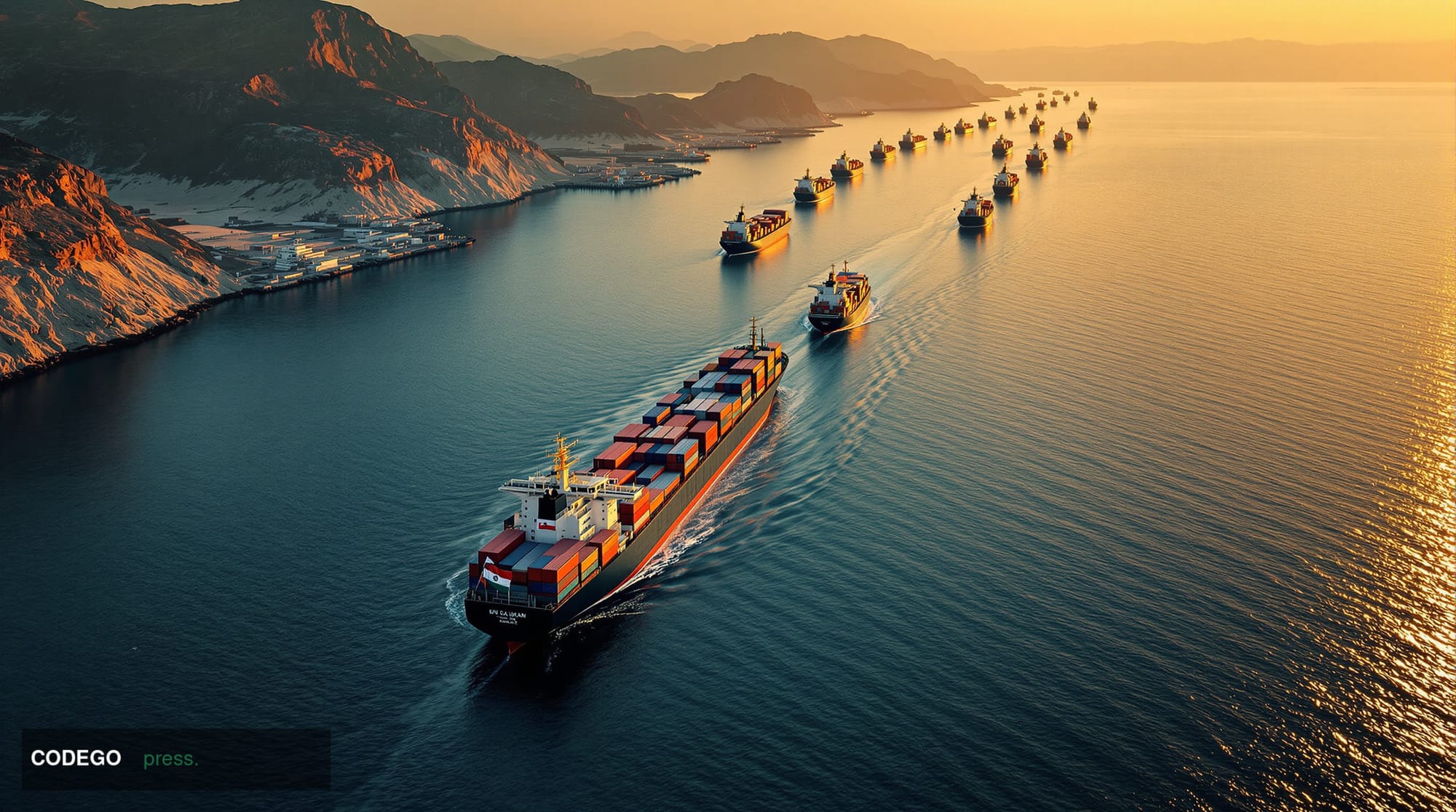 A cinematic editorial photograph capturing the geopolitical tension at the Strait of Hormuz, showing the narrow waterway betw