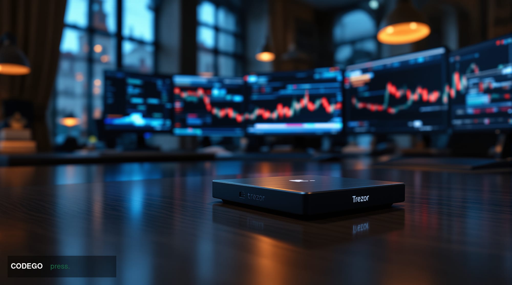 A photorealistic editorial photograph showing a Trezor hardware wallet device positioned prominently on a modern executive de