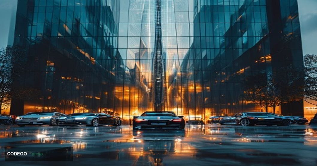 A dramatic photorealistic editorial photograph showing the imposing facade of the European Central Bank headquarters in Frank