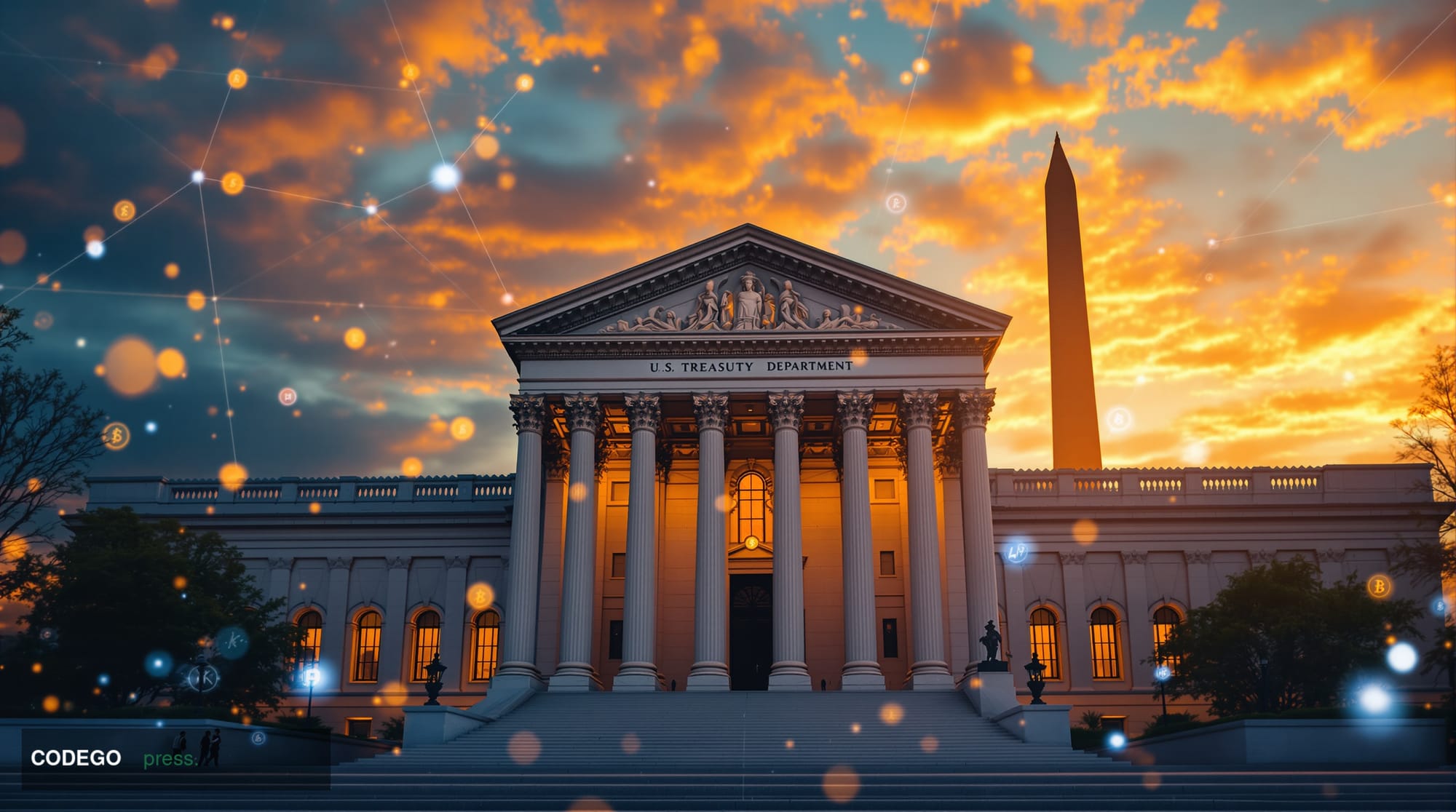 A dramatic aerial view of the US Treasury Department building in Washington DC at golden hour, with its neoclassical columns 