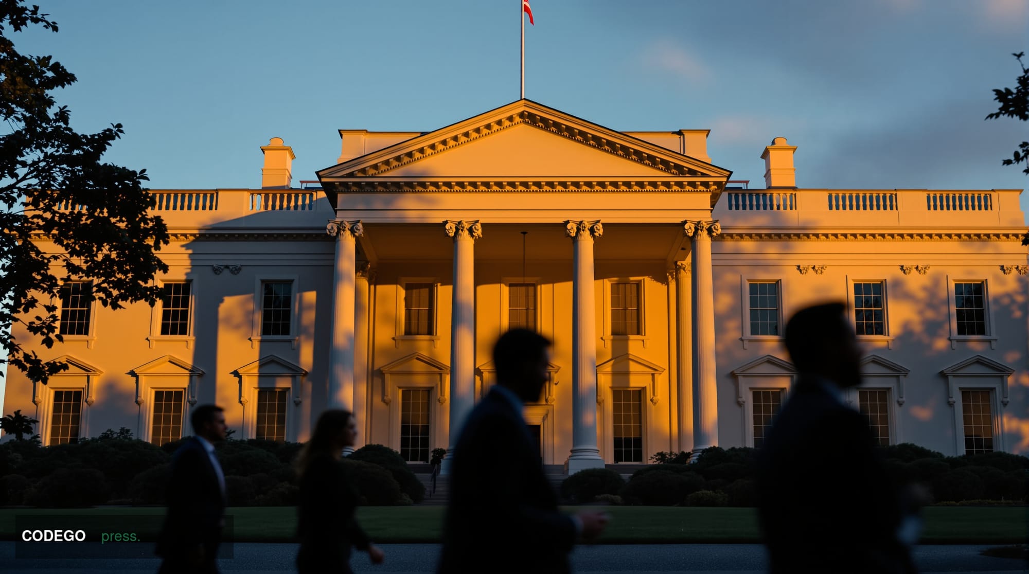 A photorealistic editorial photograph of the White House West Wing exterior during golden hour, with dramatic chiaroscuro lig