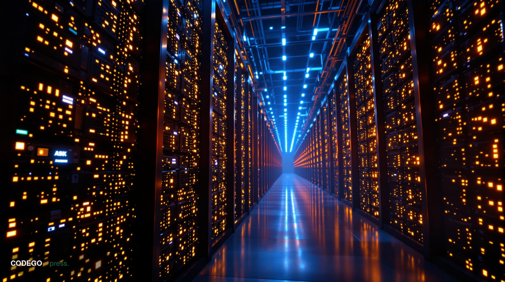 A cinematic editorial photograph of a large-scale cryptocurrency mining facility with rows of ASIC miners humming under drama