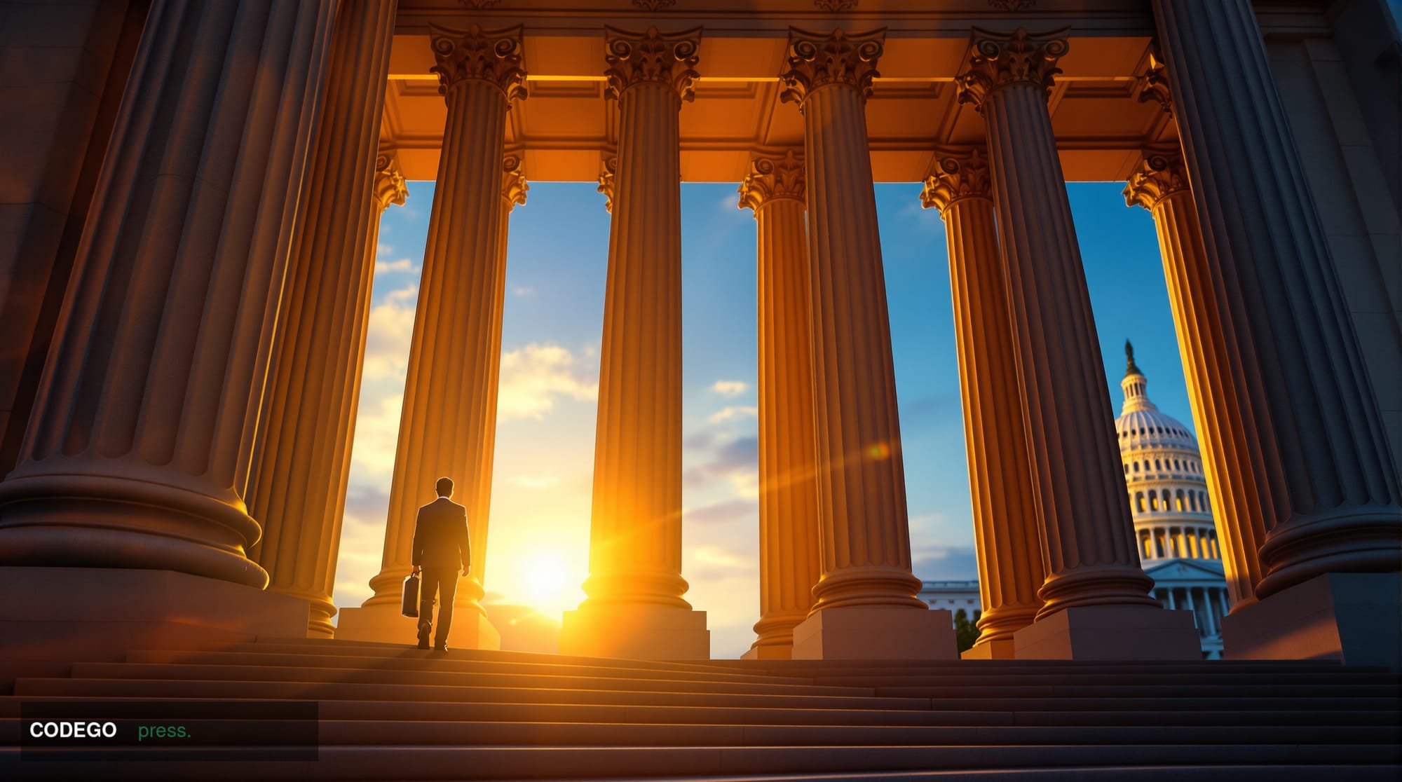 A dramatic photorealistic editorial photograph showing the imposing neoclassical facade of the CFTC headquarters building in 