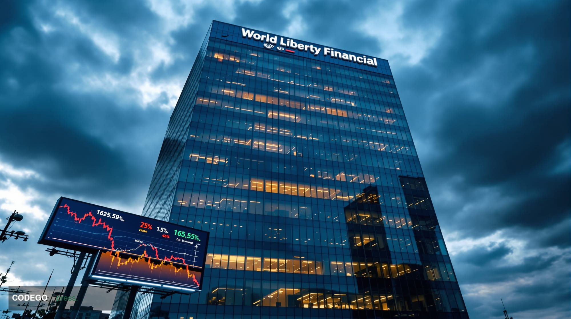A dramatic photorealistic editorial photograph showing the exterior of a modern glass office building housing World Liberty F