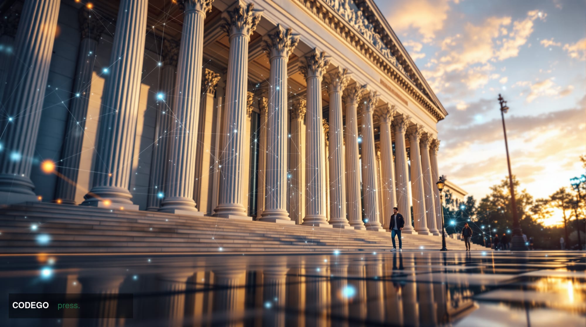 A dramatic editorial photograph of the Federal Reserve building in Washington DC, captured from a low angle with the imposing