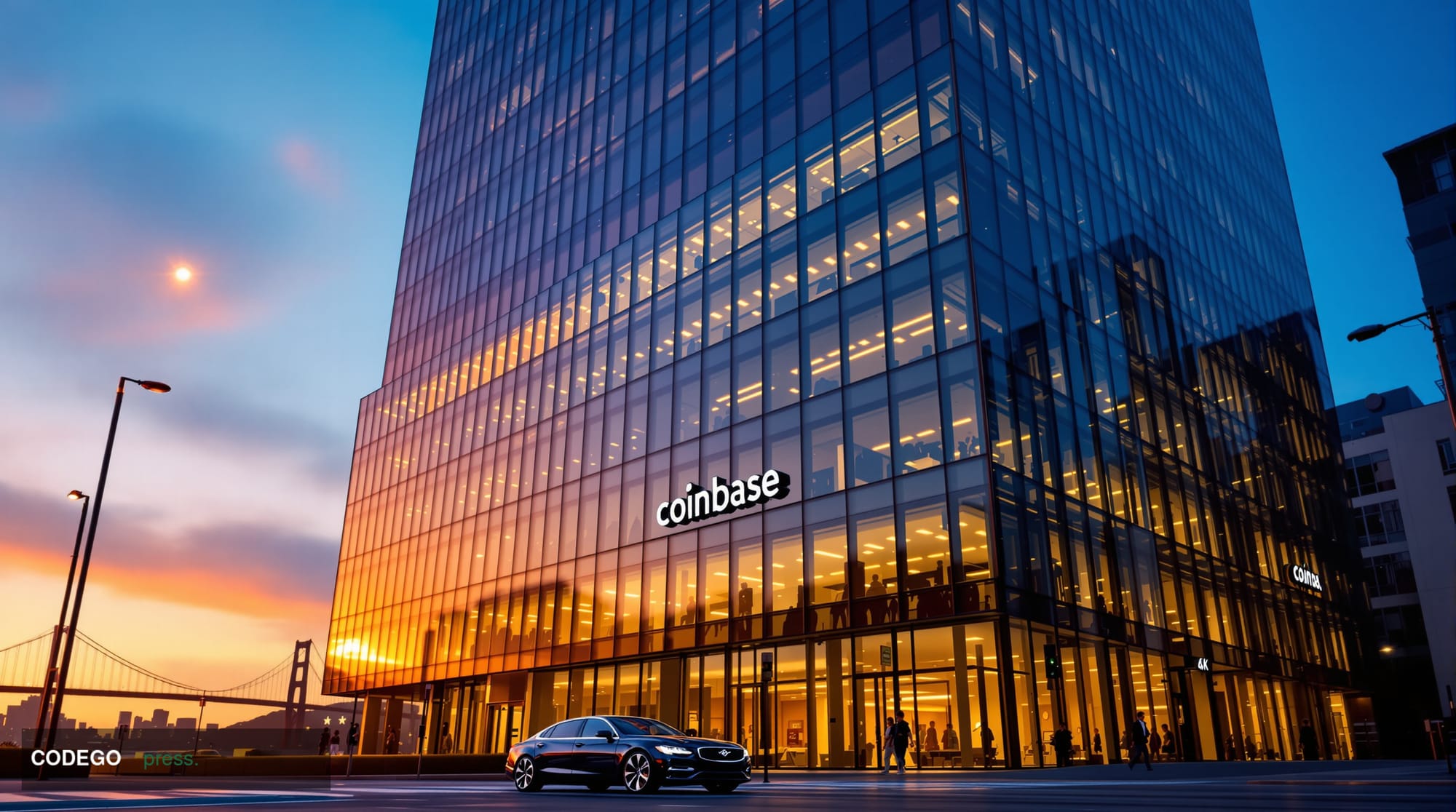 A dramatic editorial photograph showing the distinctive glass facade of Coinbase's San Francisco headquarters in SOMA distric