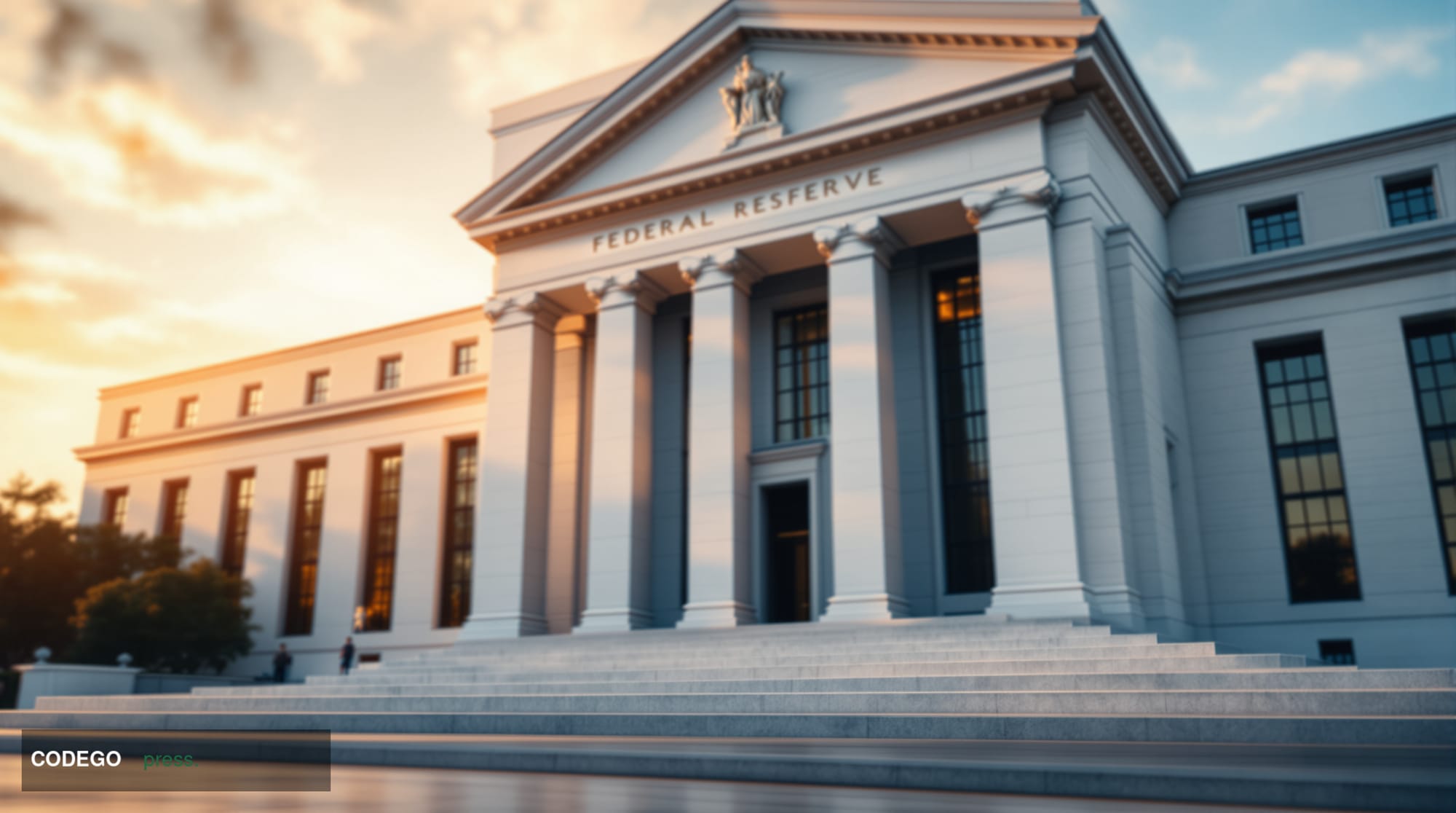 A photorealistic editorial photograph of the Federal Reserve Building in Washington D.C., shot from a low angle during golden