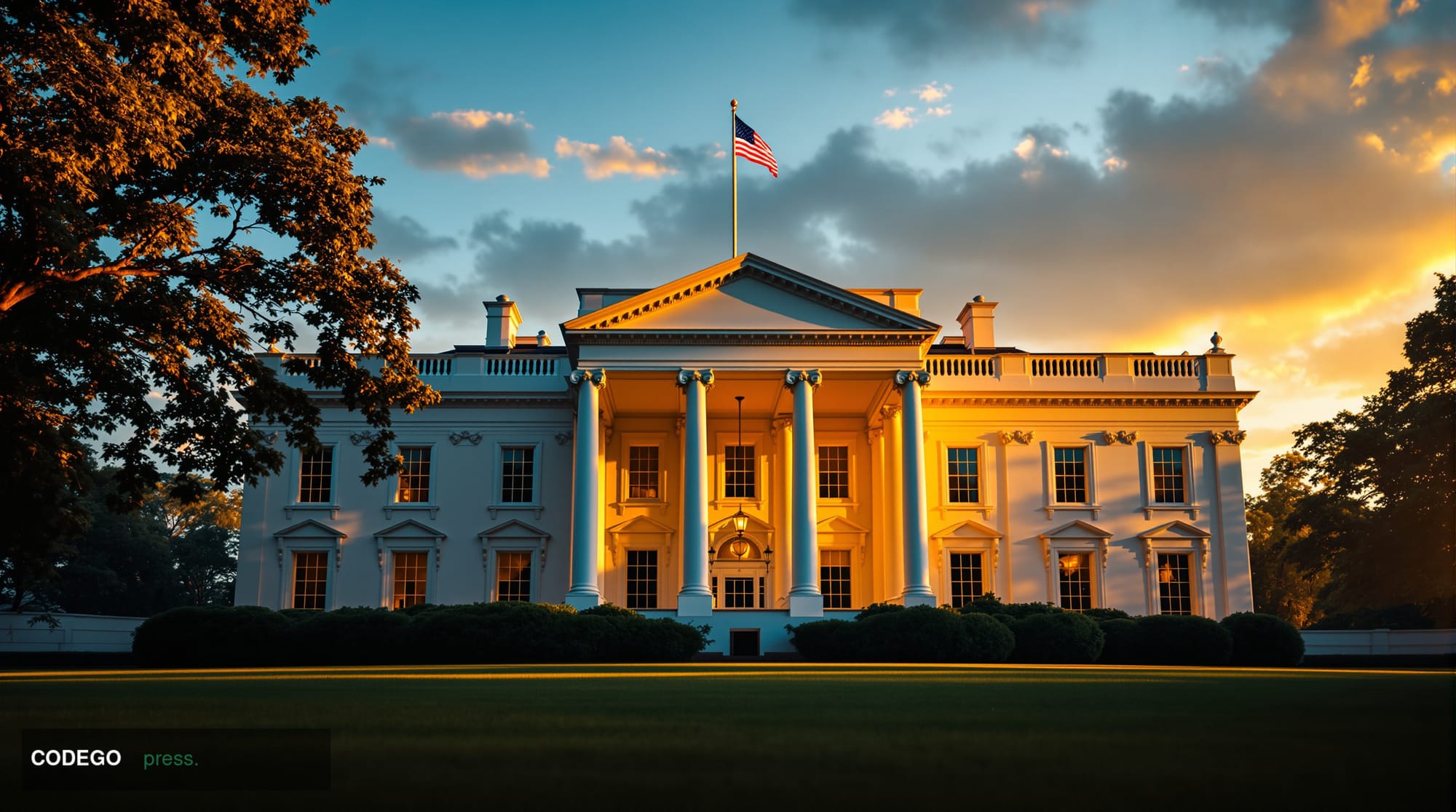 A dramatic cinematic editorial photograph showing the White House South Lawn at golden hour, with the iconic white columned f