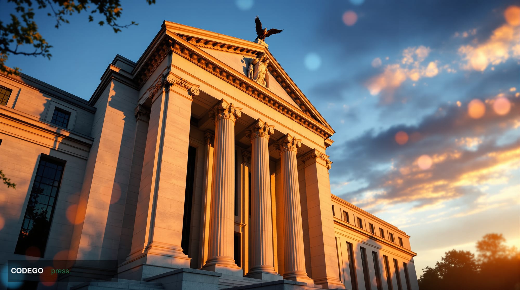 A dramatic editorial photograph capturing the Federal Reserve headquarters building in Washington DC during golden hour, shot