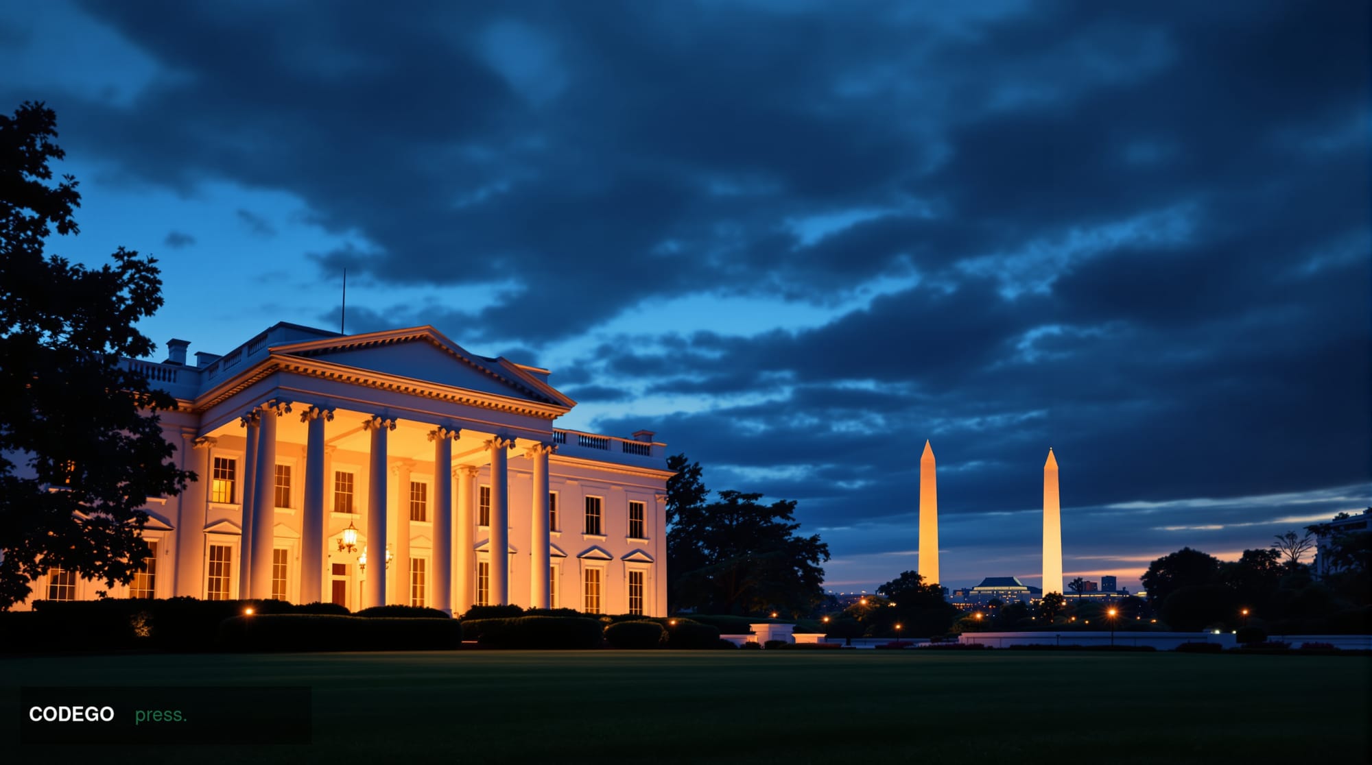 A photorealistic editorial news photograph showing the White House South Lawn at dusk with dramatic golden hour lighting cast