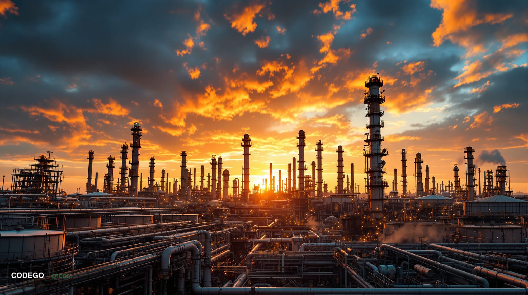 A dramatic wide-angle photograph of a sprawling oil refinery complex at golden hour, with towering distillation columns and i