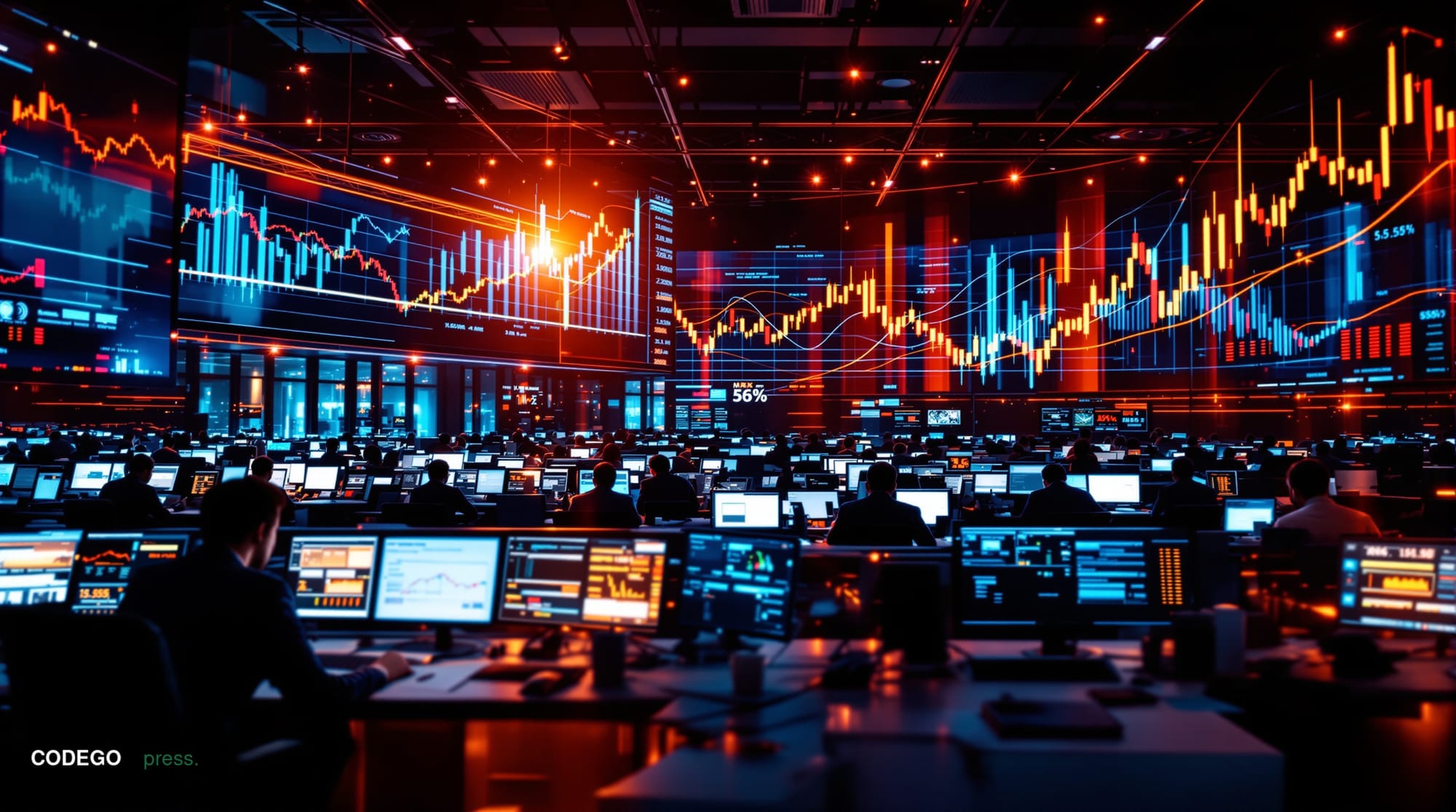 A photorealistic editorial news photograph showing oil trading floor with dramatic tension, featuring multiple screens displa