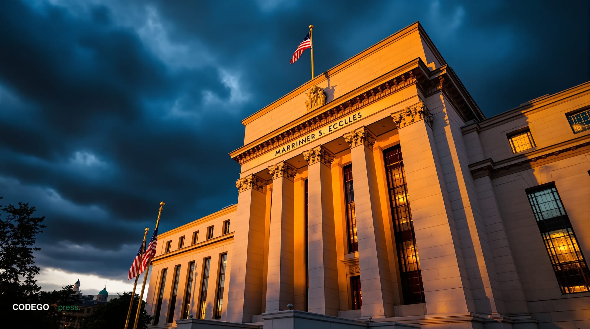 A dramatic editorial photograph of the Federal Reserve's imposing neoclassical headquarters building in Washington DC, shot f