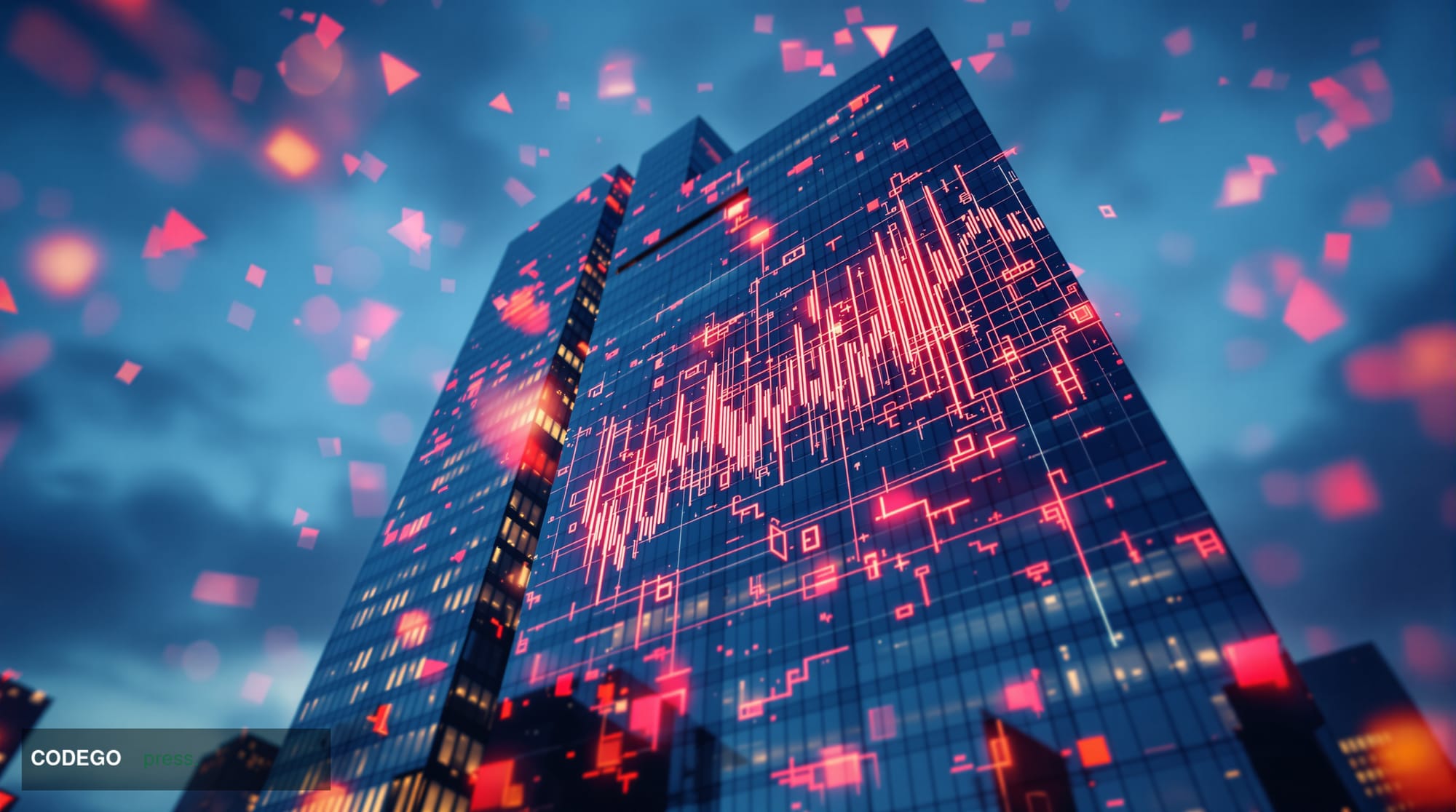 A photorealistic editorial photograph showing the Trump Media & Technology Group corporate headquarters building in dramatic 