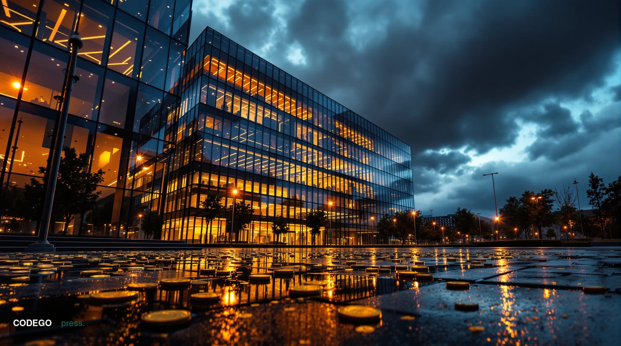 A dramatic photorealistic editorial photograph showing the exterior of a modern corporate media building at dusk, with dark s