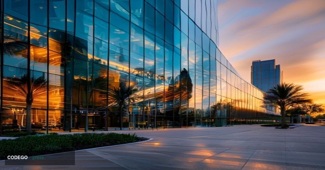 A cinematic editorial photograph showing the exterior of Trump Media & Technology Group's corporate headquarters building in 
