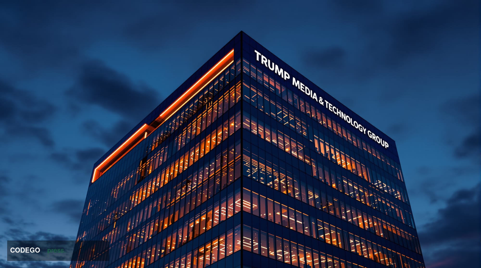 A dramatic photorealistic editorial photograph showing the Trump Media & Technology Group corporate headquarters building in 