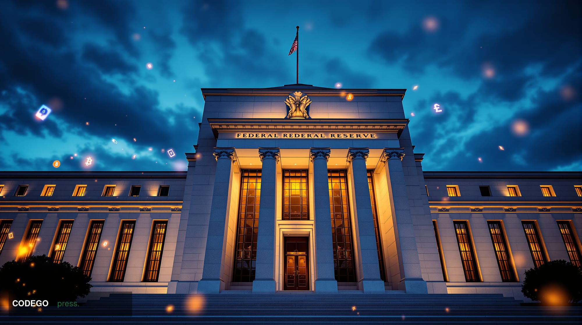 A dramatic photorealistic editorial photograph showing the imposing neoclassical facade of the Federal Reserve building in Wa