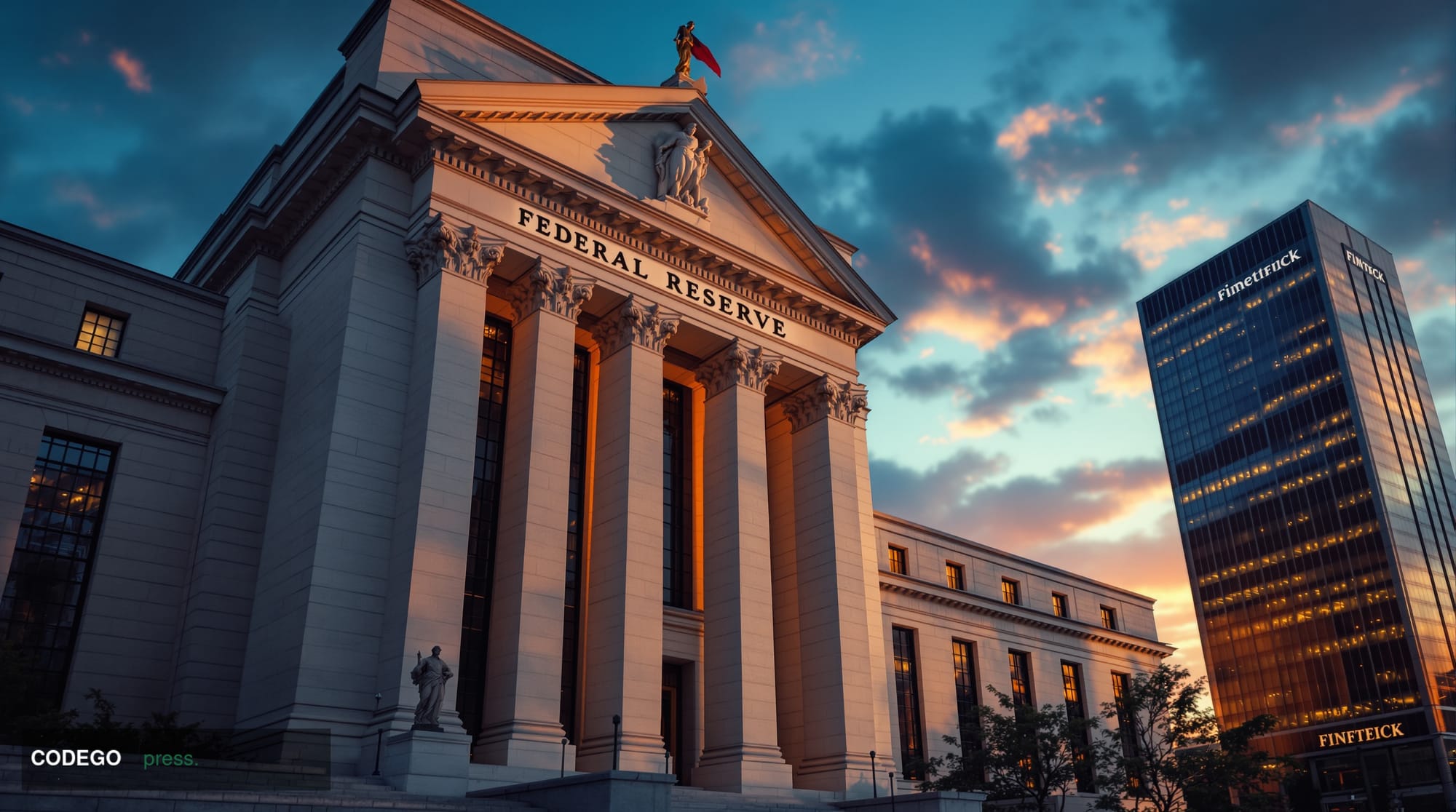 A cinematic editorial photograph of the imposing Federal Reserve building facade in Washington D.C., shot from a low angle du