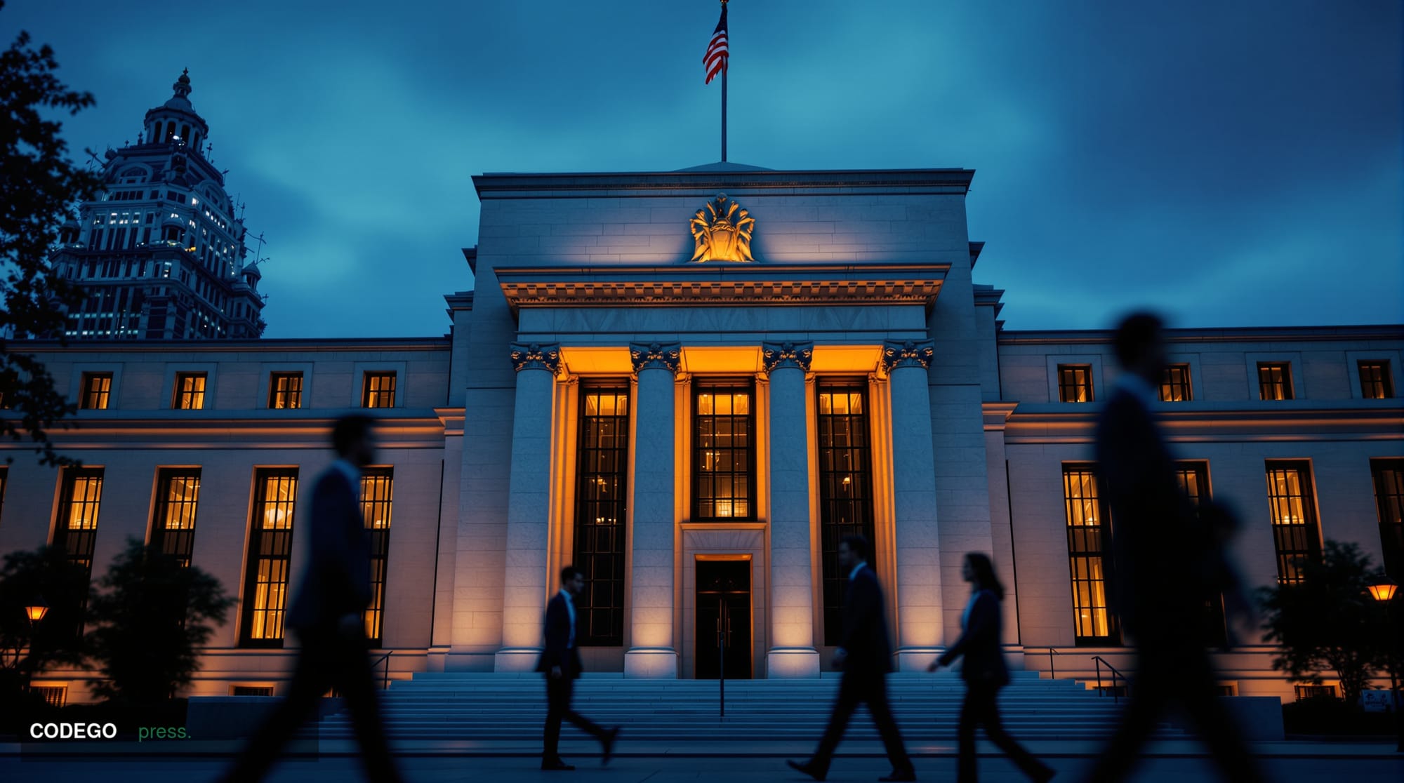 Photorealistic editorial photograph of the Federal Reserve building facade in Washington D.C., shot from a low angle with dra