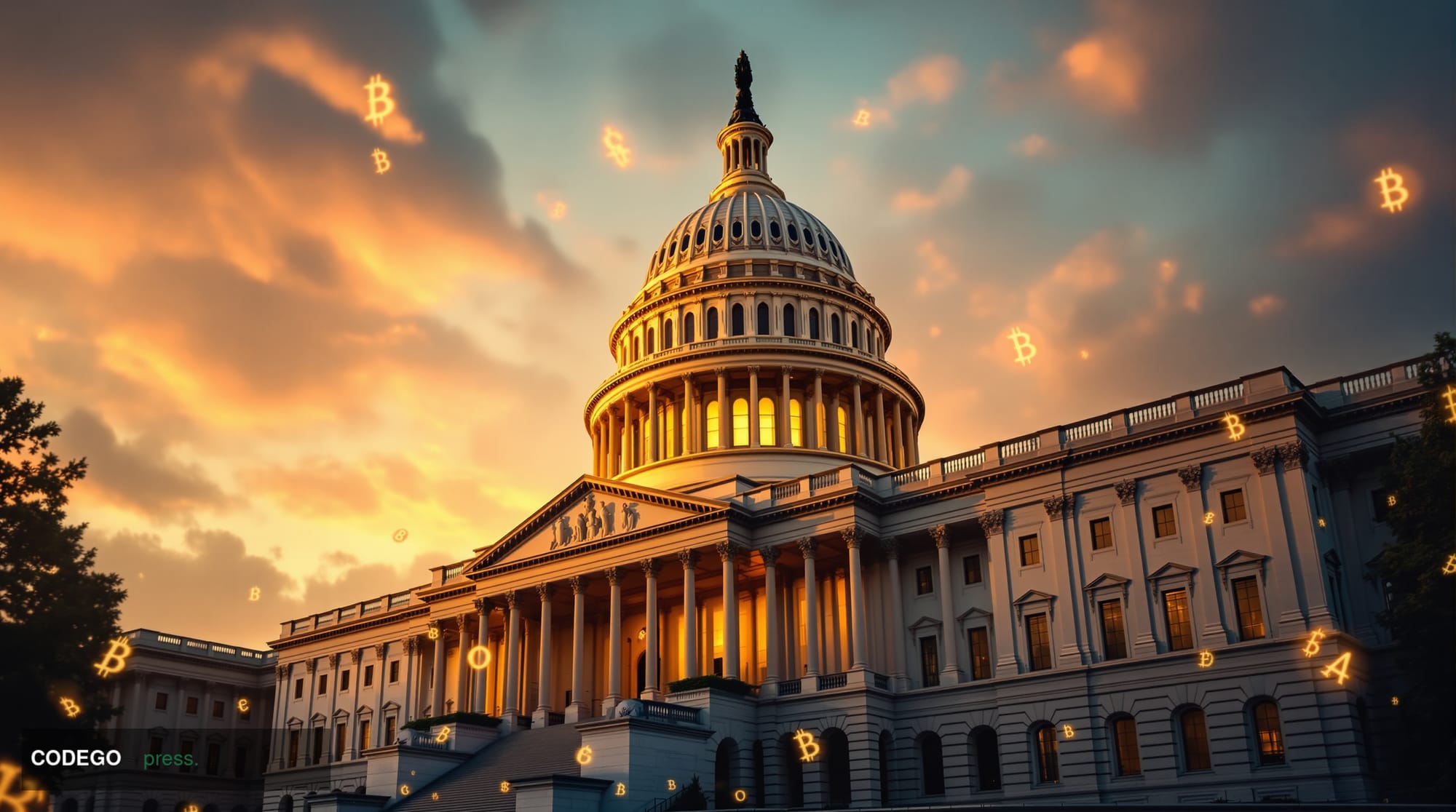 A cinematic editorial photograph showing the exterior of the U.S. Capitol building in Washington D.C., shot from a low angle 