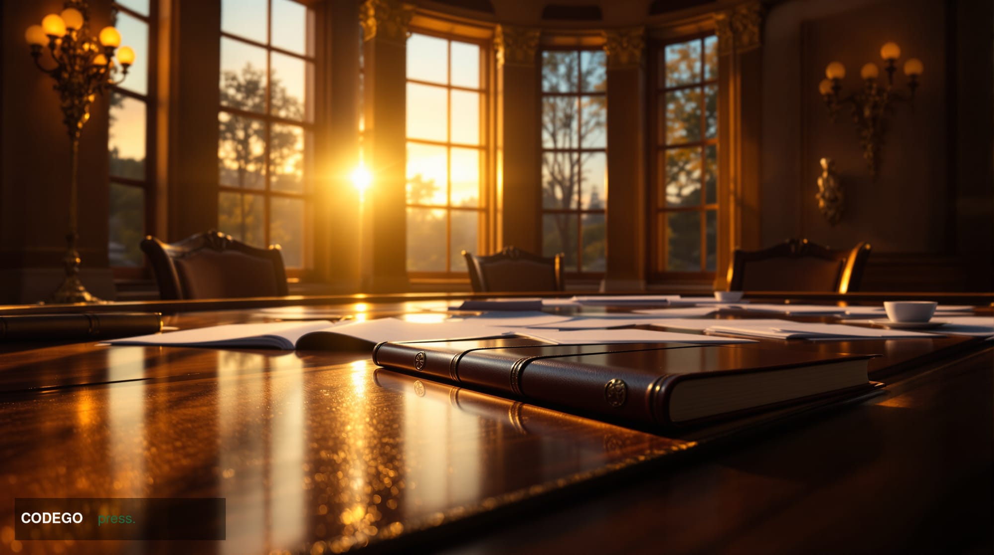 A dramatic photorealistic image of the White House West Wing at golden hour, with warm amber light streaming through the tall