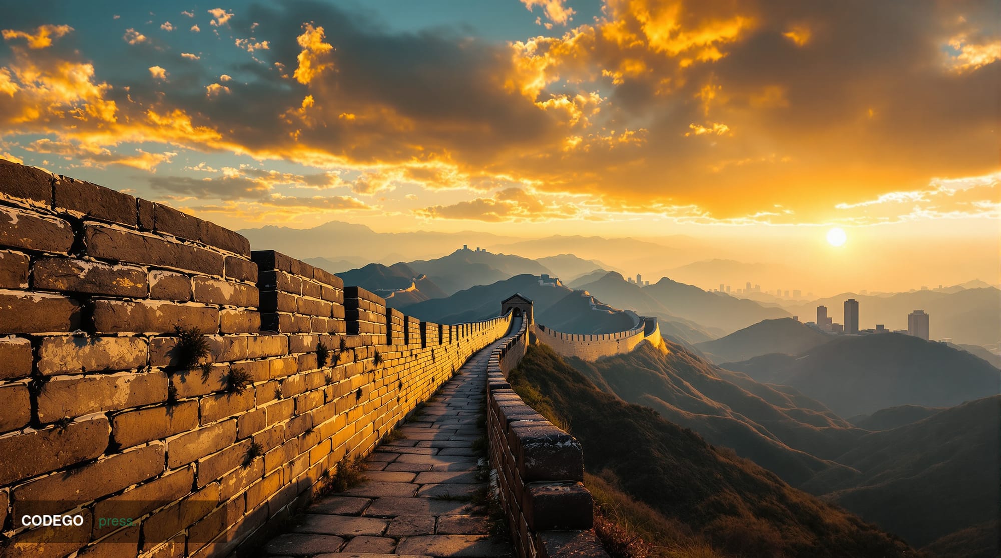 A dramatic wide-angle shot of the iconic Great Wall of China stretching across mountainous terrain in the golden hour, with t