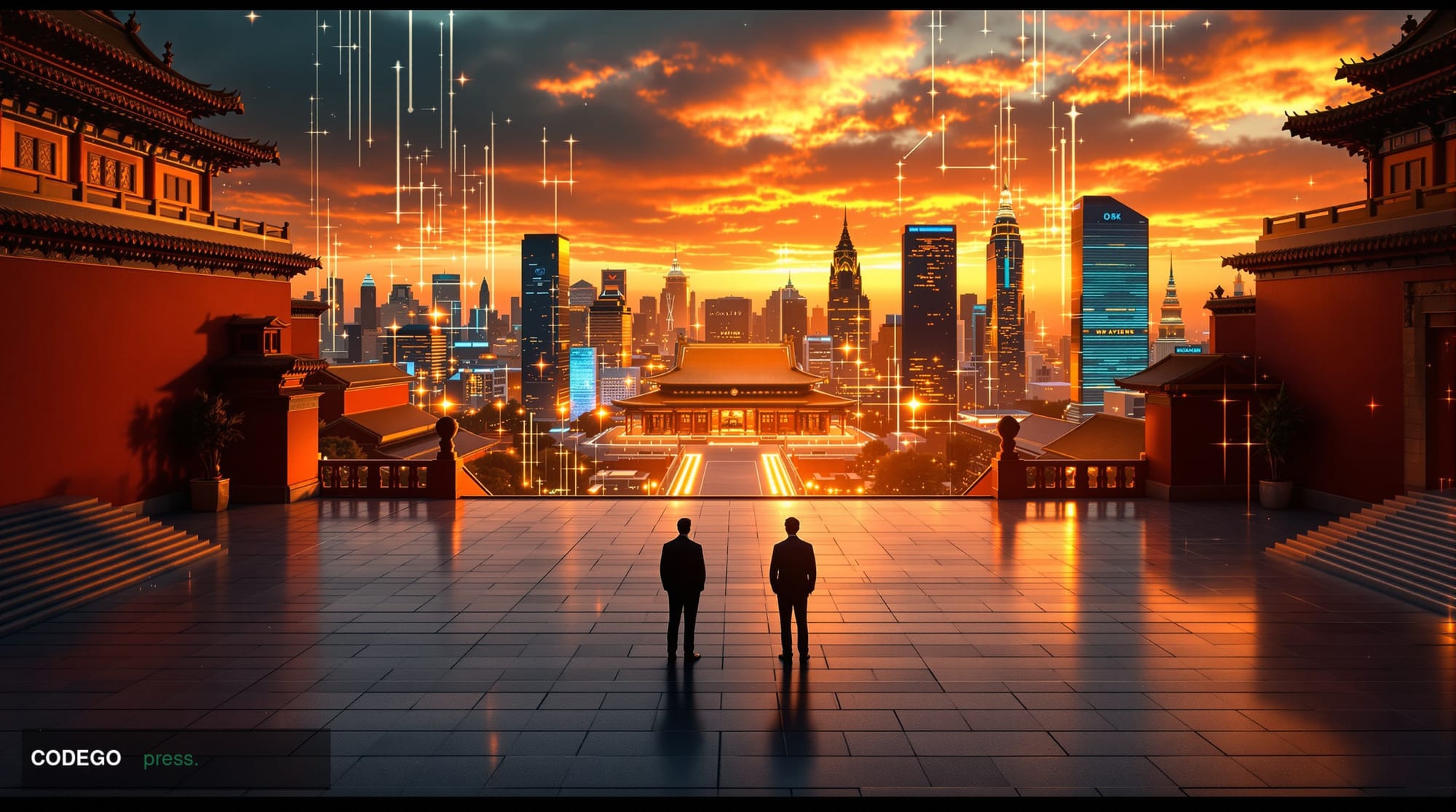 A cinematic editorial photograph capturing the geopolitical tension of the Trump-Xi summit from a crypto market perspective. 