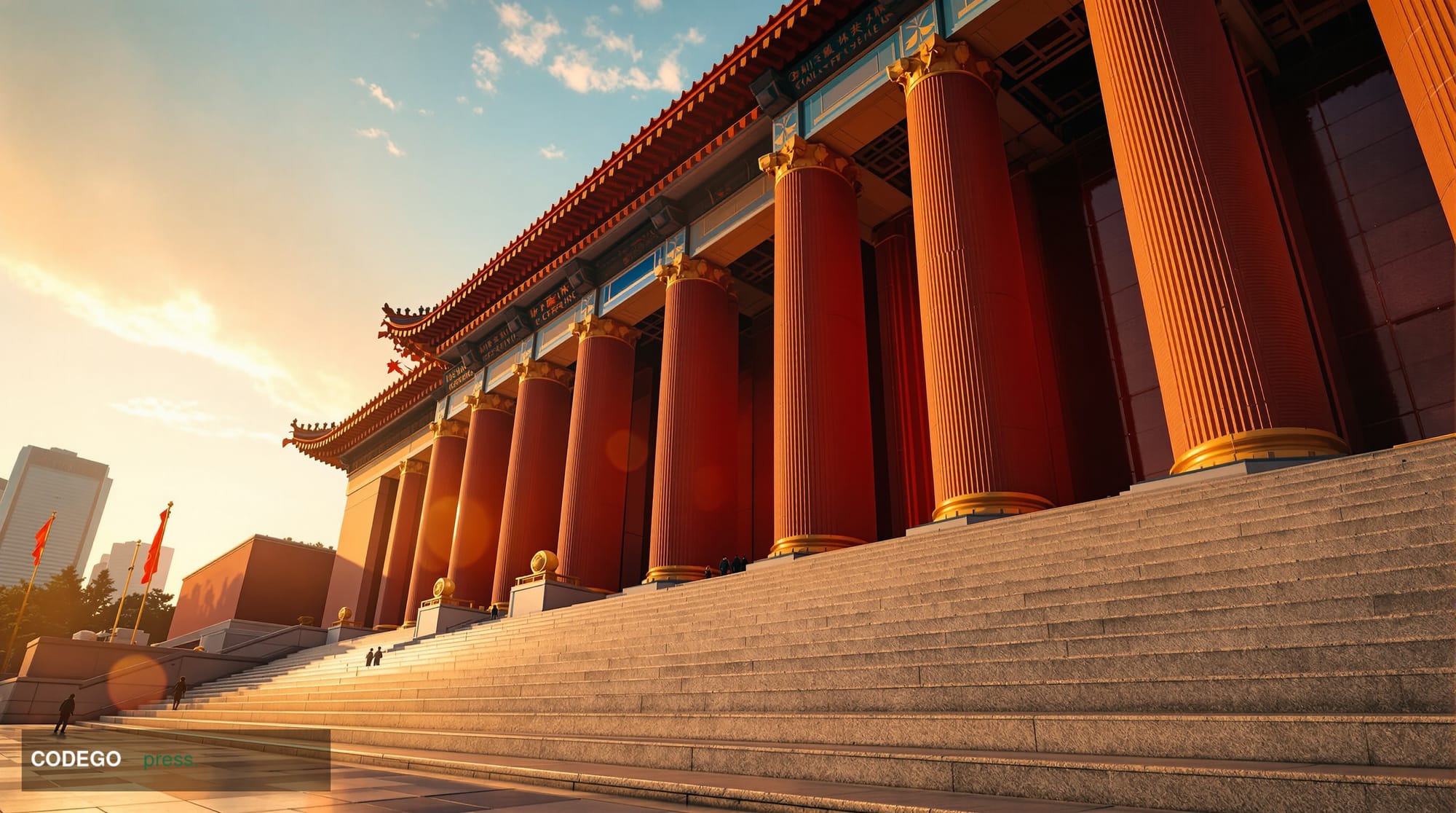 A photorealistic editorial photograph showing the imposing facade of the Great Hall of the People in Beijing's Tiananmen Squa