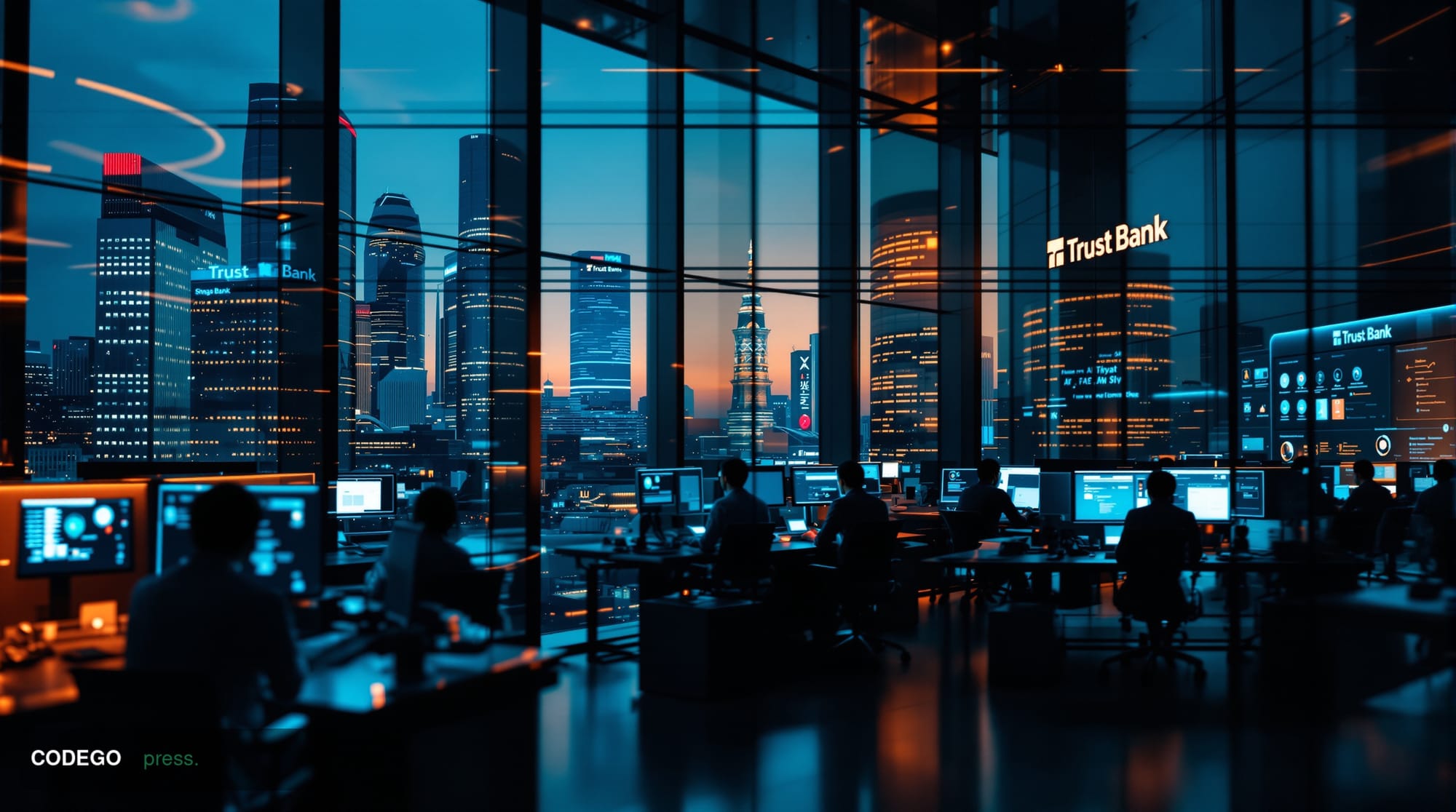 A cinematic editorial photograph showcasing Trust Bank's Singapore headquarters or operations center, captured in dramatic ch
