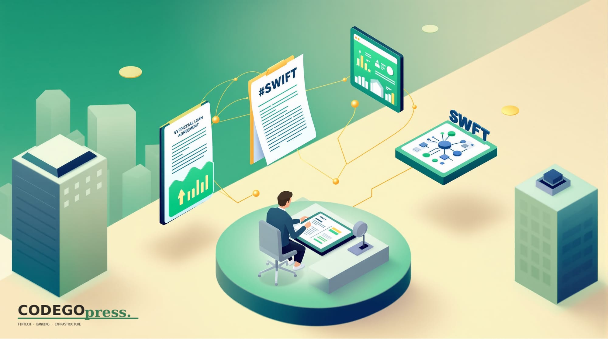 Flat 3D isometric vector editorial illustration in banking-green (#1A6B43) primary with cream background, gold and navy accen