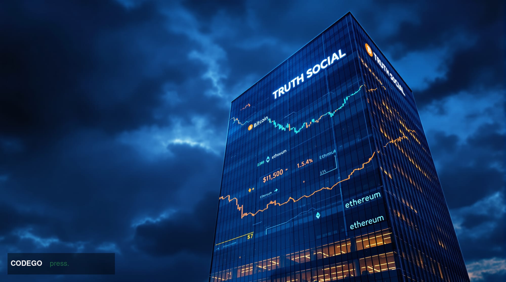 A photorealistic editorial photograph showing the Truth Social headquarters building in Miami with dramatic evening lighting 