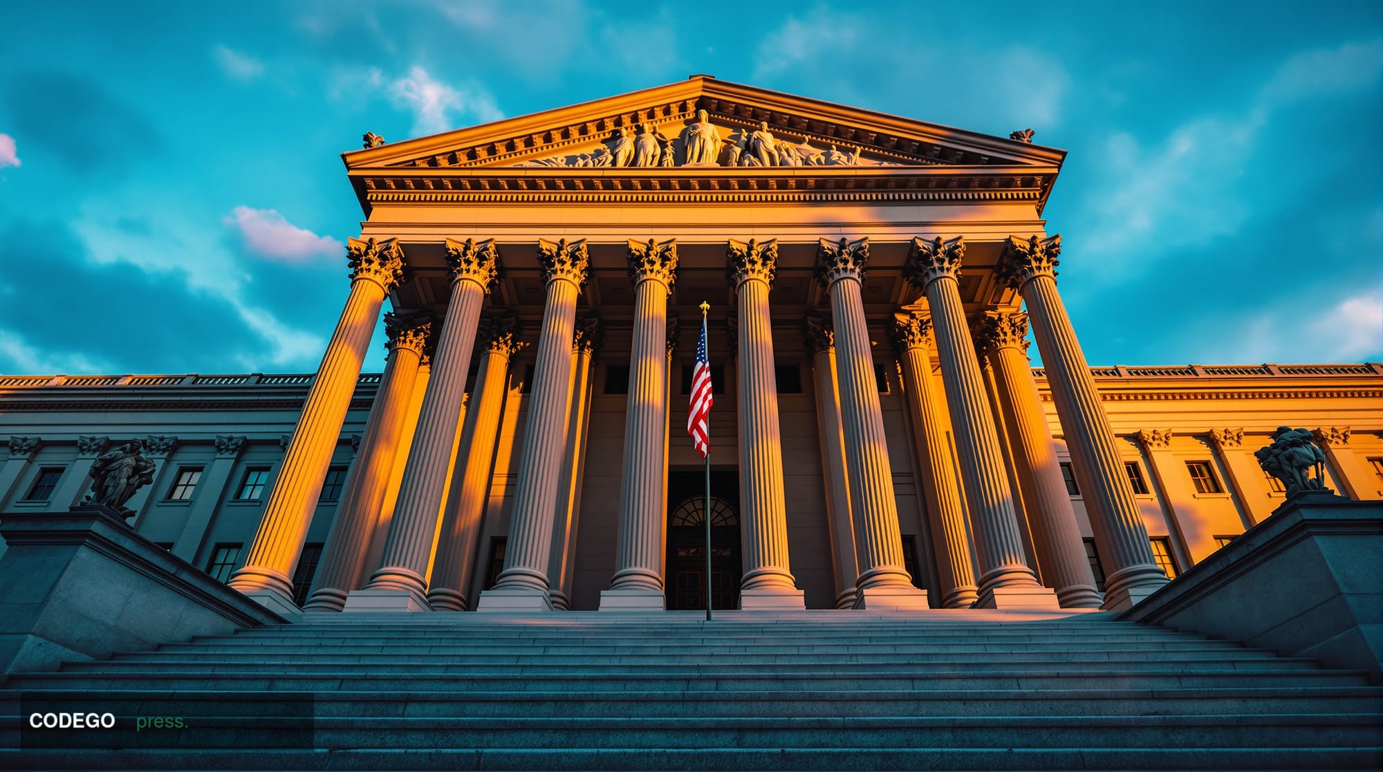 A cinematic editorial photograph capturing the imposing headquarters of the Securities and Exchange Commission in Washington 