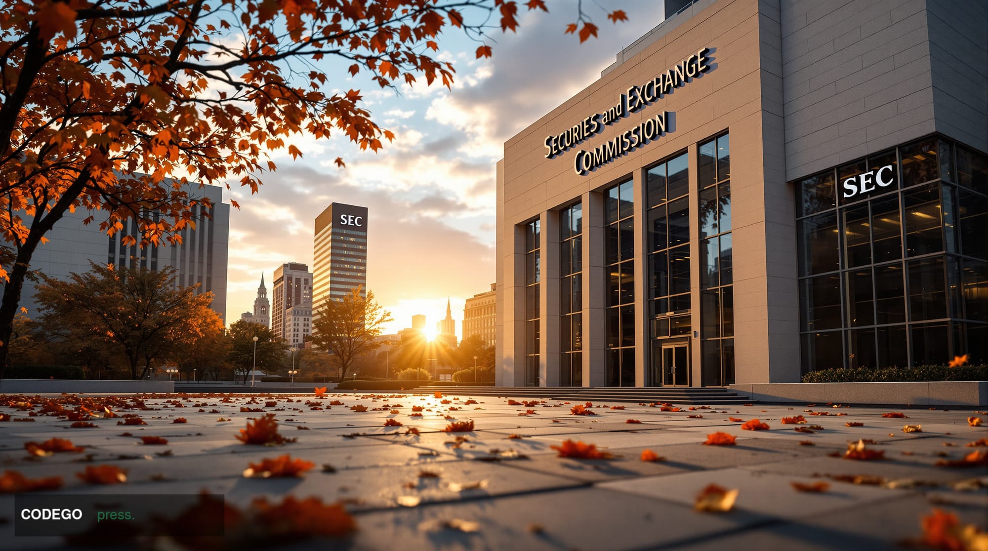 A photorealistic editorial photograph capturing the headquarters of the Securities and Exchange Commission in Washington D.C.