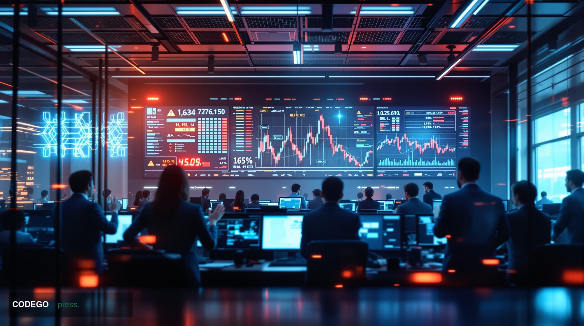A dramatic photorealistic editorial photograph capturing the digital vulnerability crisis in cryptocurrency trading infrastru
