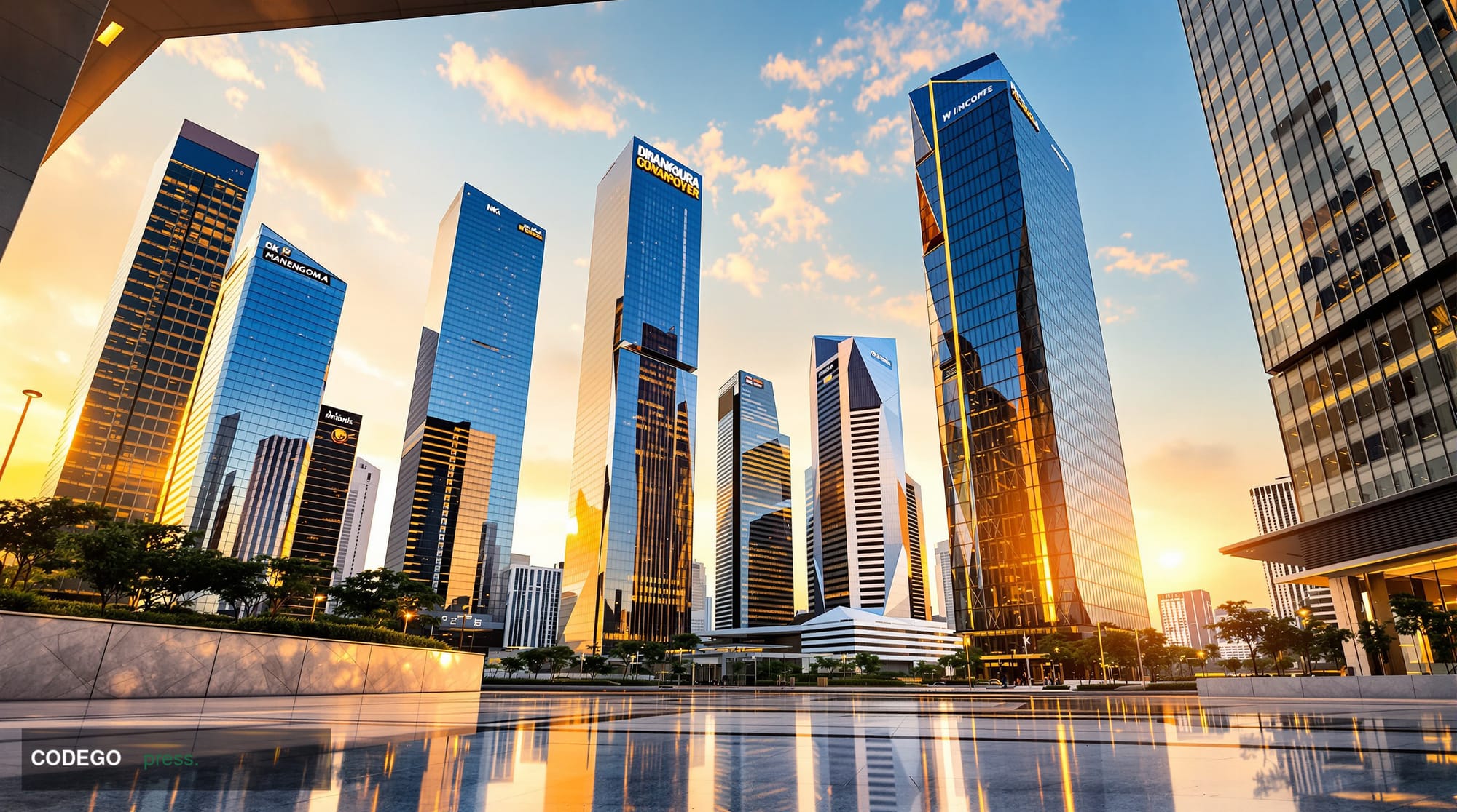 A photorealistic editorial photograph showing a modern Southeast Asian financial district with glass skyscrapers reflecting g