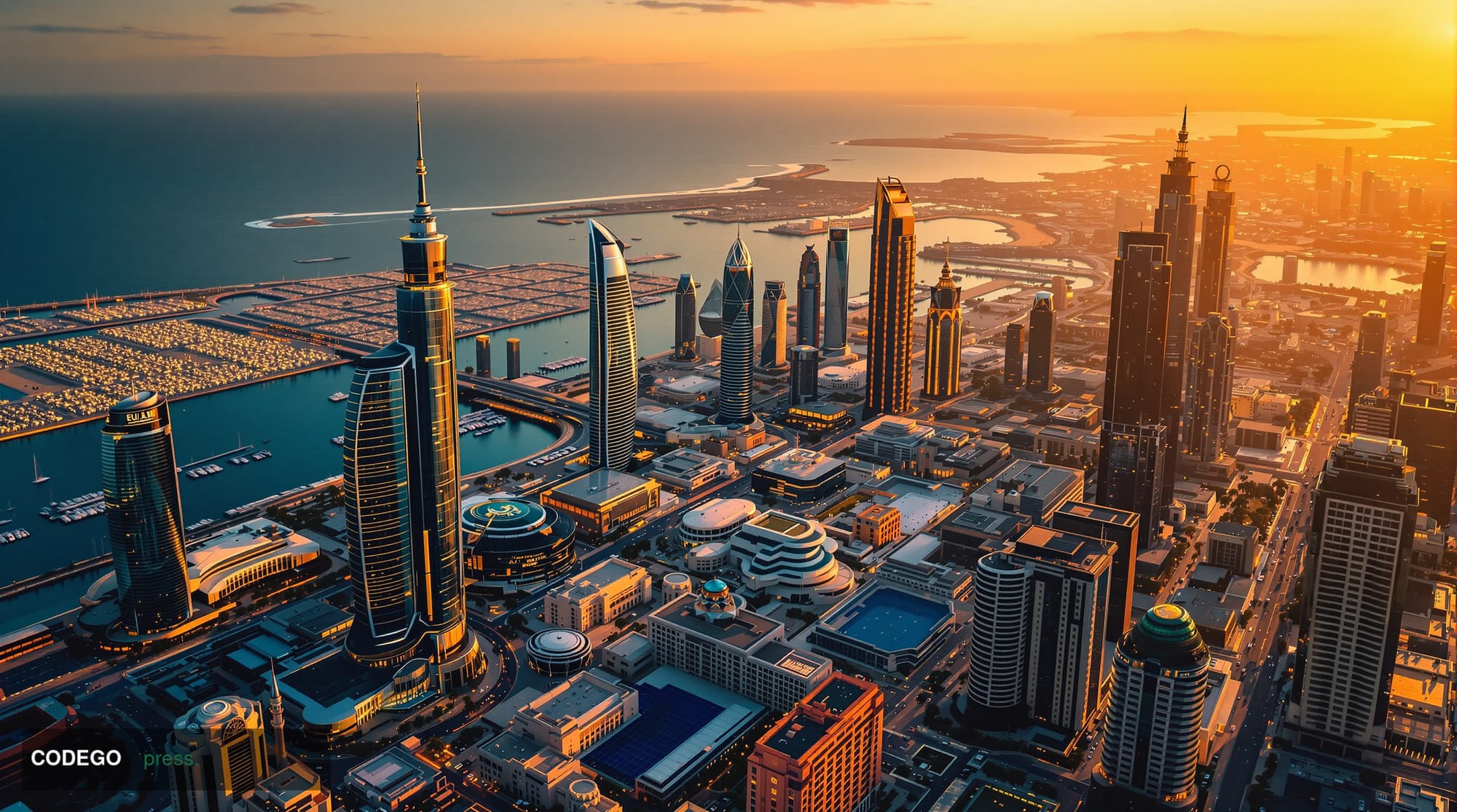 A dramatic aerial view of Abu Dhabi's skyline at golden hour, showcasing the UAE's modern economic transformation with gleami