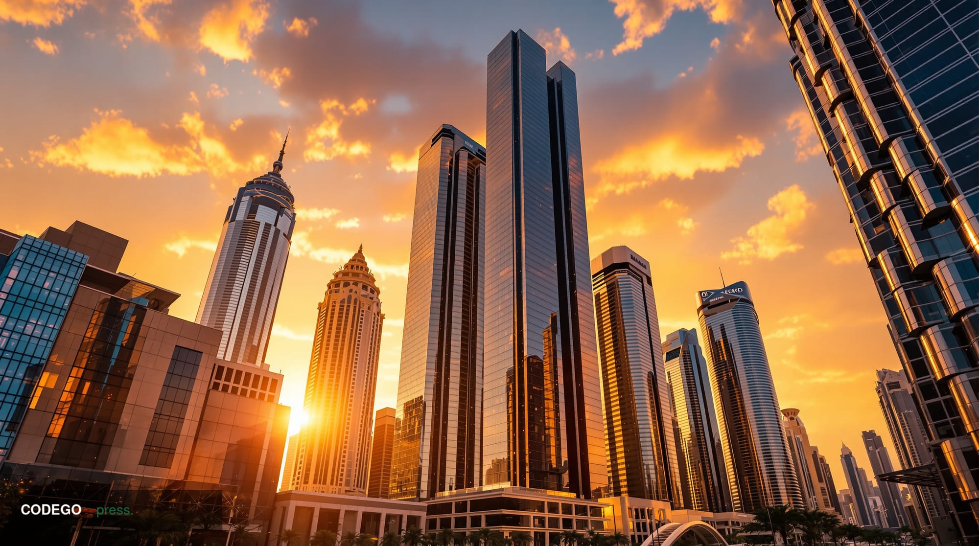 A cinematic editorial photograph of Dubai's iconic financial district skyline at golden hour, featuring the gleaming towers o