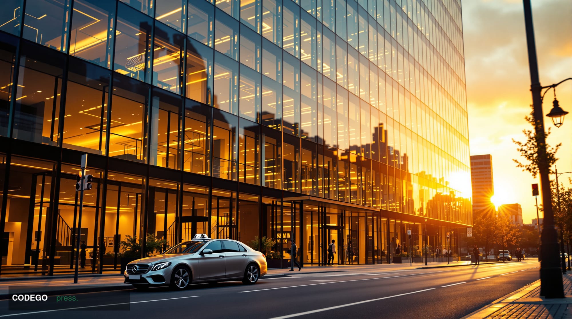 A cinematic editorial photograph showing the modern glass facade of Delivery Hero's Berlin headquarters building with its dis