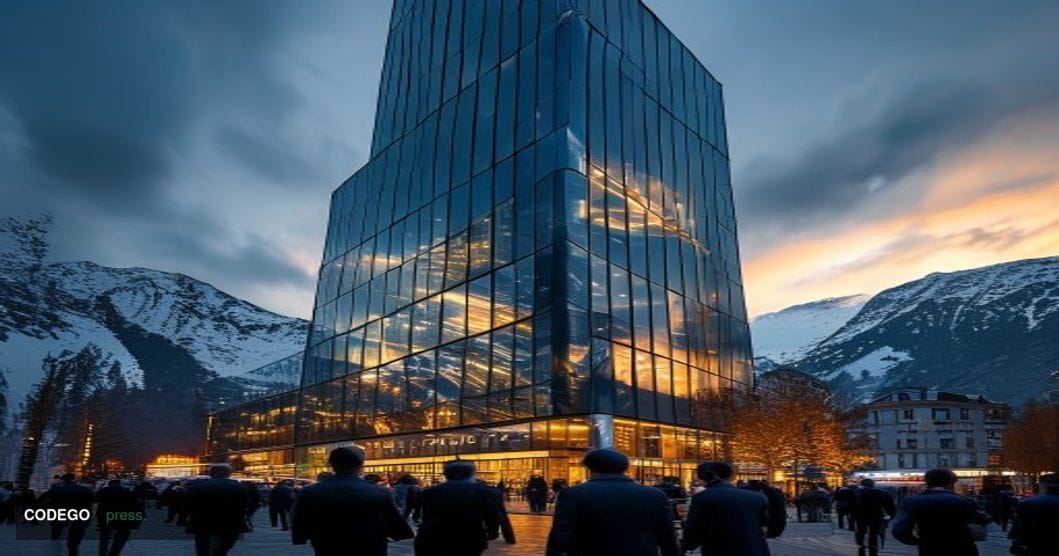 A cinematic editorial photograph of UBS's imposing glass and steel headquarters tower in Zurich, Switzerland, shot from a low