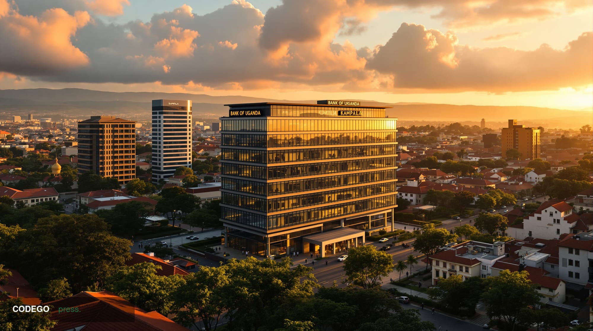 A photorealistic wide-angle shot of Kampala, Uganda's skyline during golden hour, featuring the distinctive Bank of Uganda he
