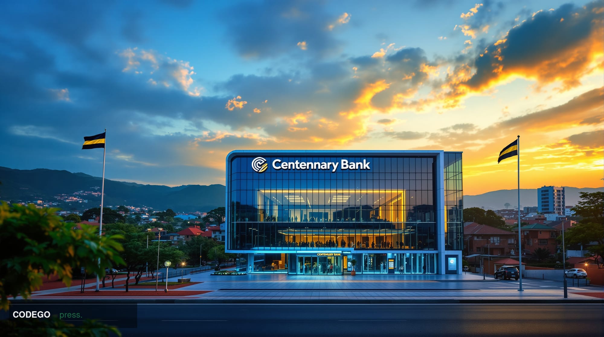 A cinematic editorial photograph of a modern Ugandan bank headquarters in Kampala, featuring contemporary glass and steel arc