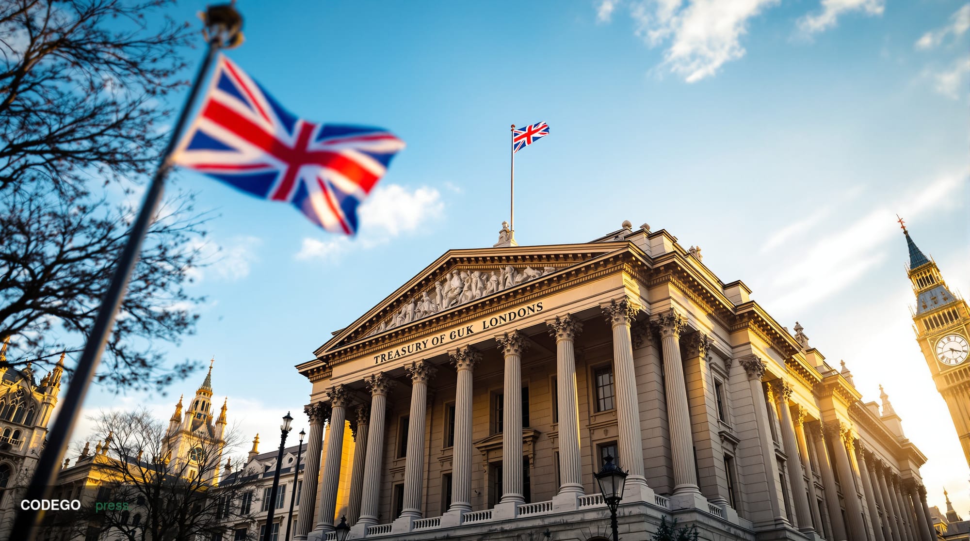 A cinematic editorial photograph showing the imposing neoclassical facade of the UK Treasury building in Whitehall, London, w