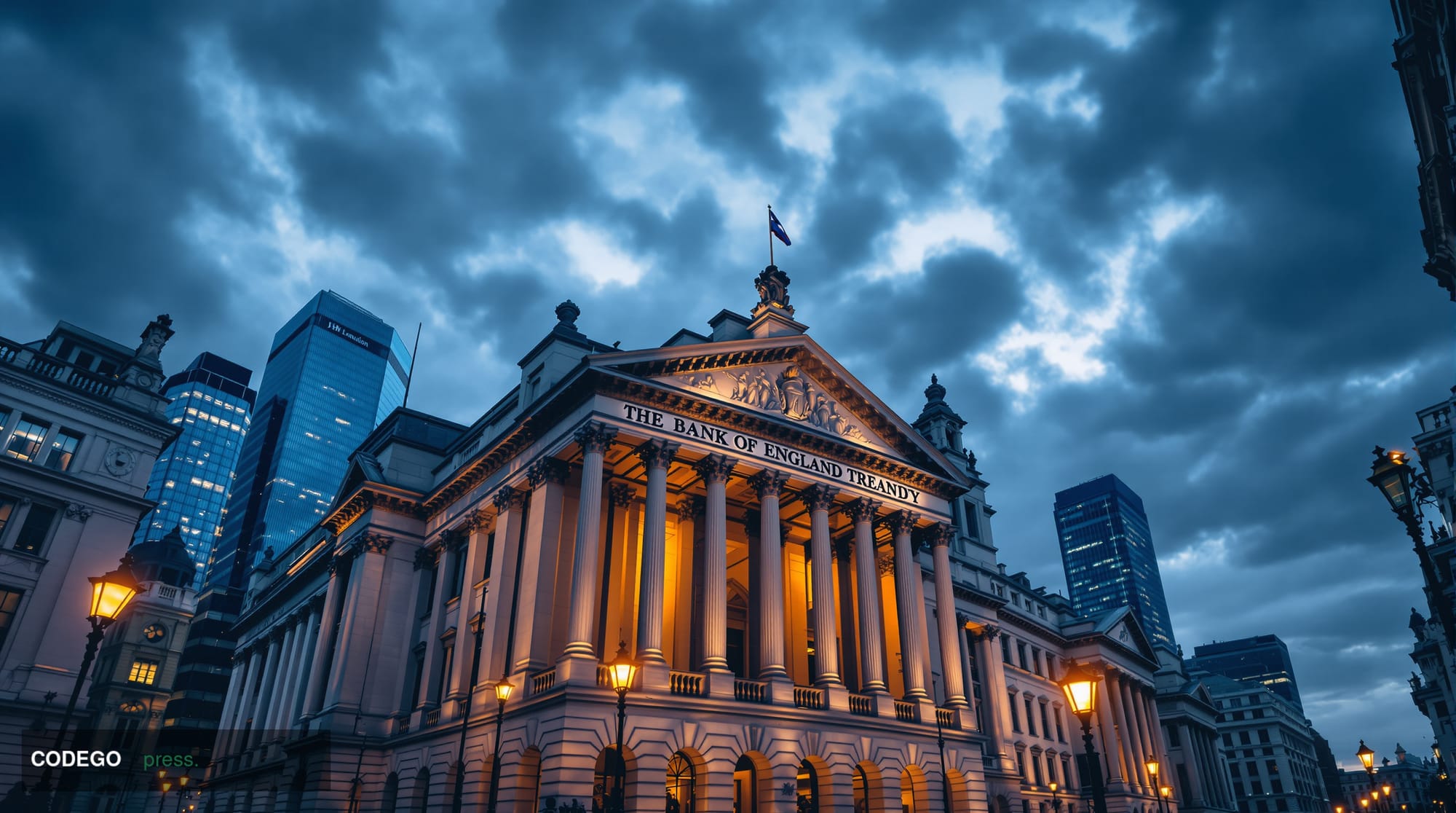 A photorealistic editorial photograph showcasing the UK's financial regulatory environment in London's financial district, sp