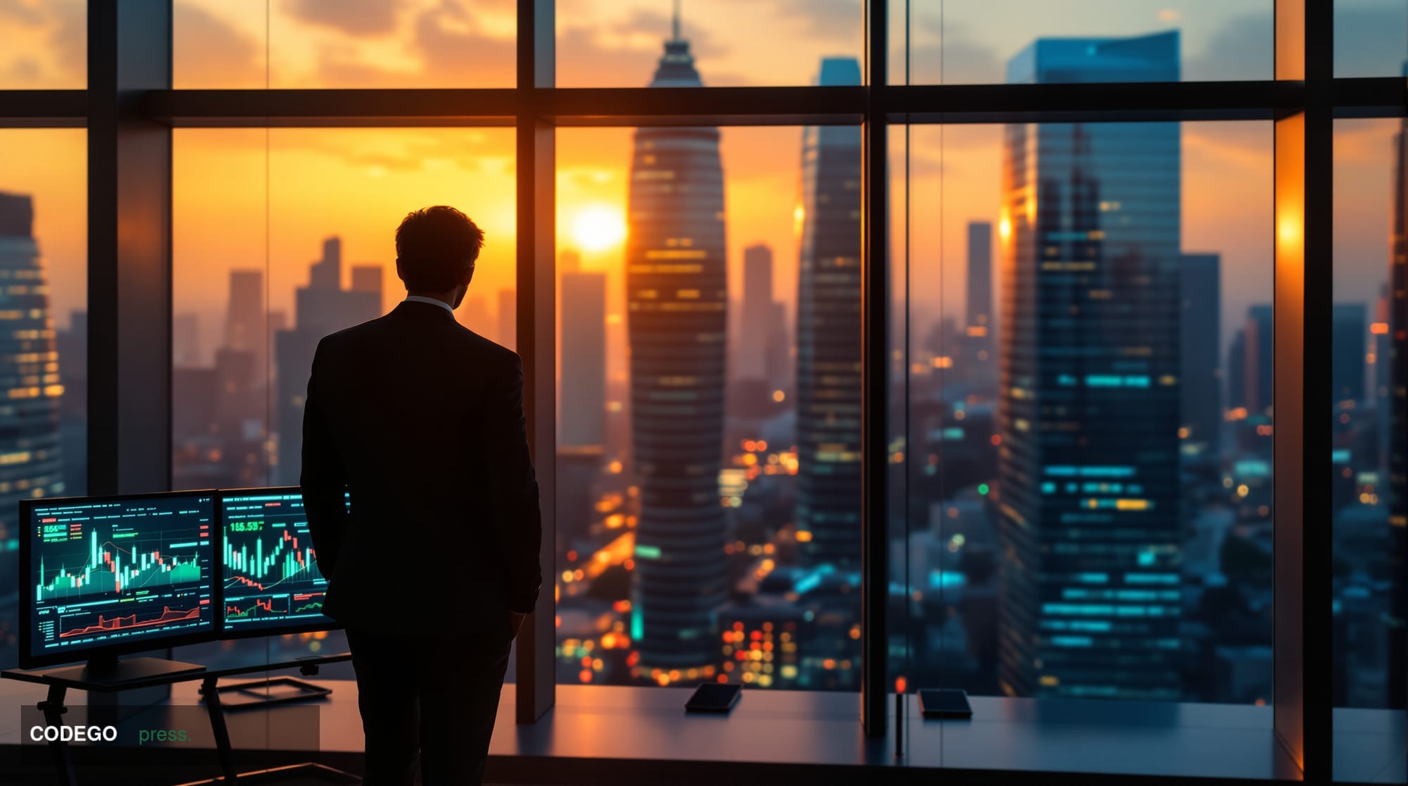 A dramatic photorealistic editorial photograph capturing the stark contrast between declining UK fintech investment and risin